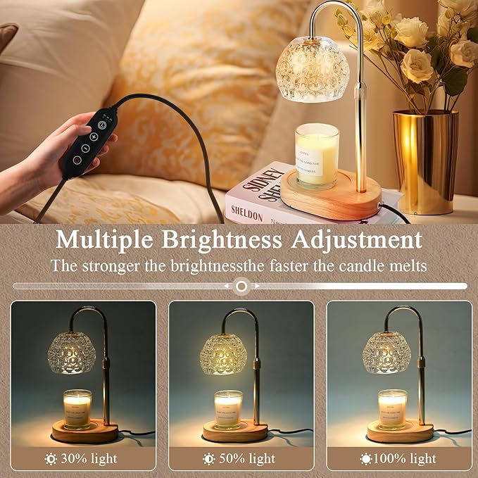 Adjustable Candle Warmer Lamp with Timer, Height & Brightness Control - Dimmable, 2-Bulb Candle Lamp Warmer, Electric Lamp Candle Warmer for Most Jar Candles-Clear