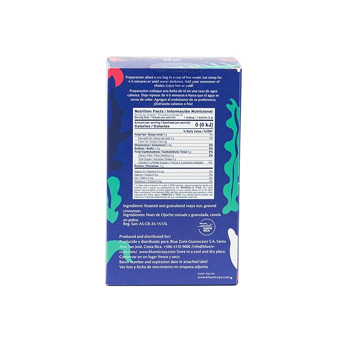 Blue Zones Nicoya - Maya Nut & Cinnamon Flavored Tea Bags - 100% Natural, Organic, and Refreshing - High Micronutrients - Gluten, Caffeine, Sugar-Free - Pack of 18 (1.59 oz/ 45 g)