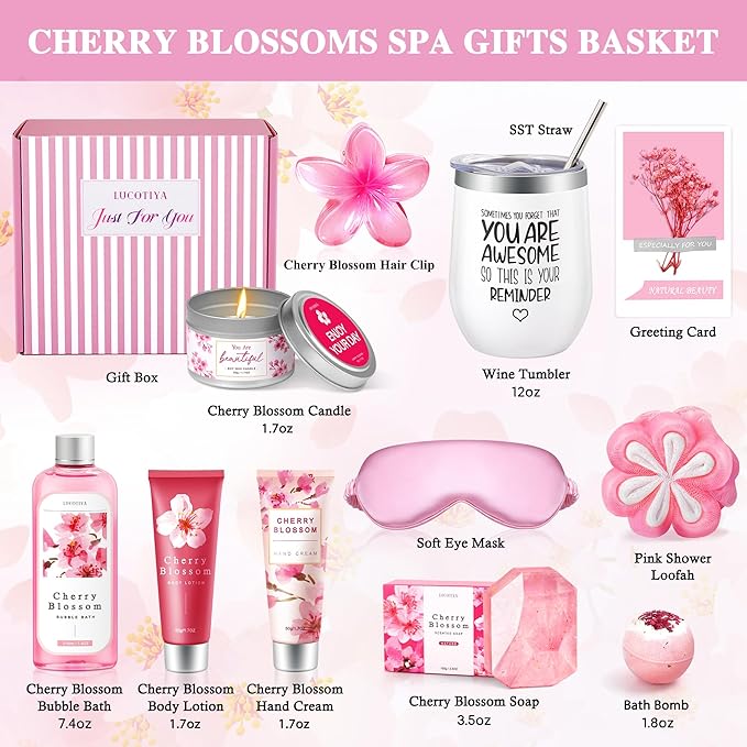 Gifts for Women Birthday Gifts, Spa Gifts Set- 10 Pcs Christmas Valentine's Mother's Day Gifts and Cherry Blossoms Self Care Package Gifts Women, Relaxing Gifts Basket