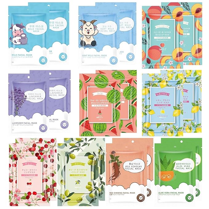 20 Sheets Face Masks Skincare,Hydrating Face Masks Suitable for All Skin Types,Facial Masks for Women Skin Care, Soothe and Moisture Face Sheet Masks for Spa