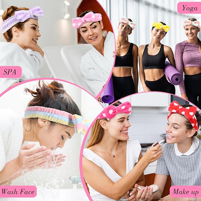 WILLBOND Spa Headband Bow Hairband Facial Makeup Women Face Wash Adjustable Skincare Headbands Flannel Towel Soft Head Wraps for Women Shower Washing Face(Vivid,24 Pieces)