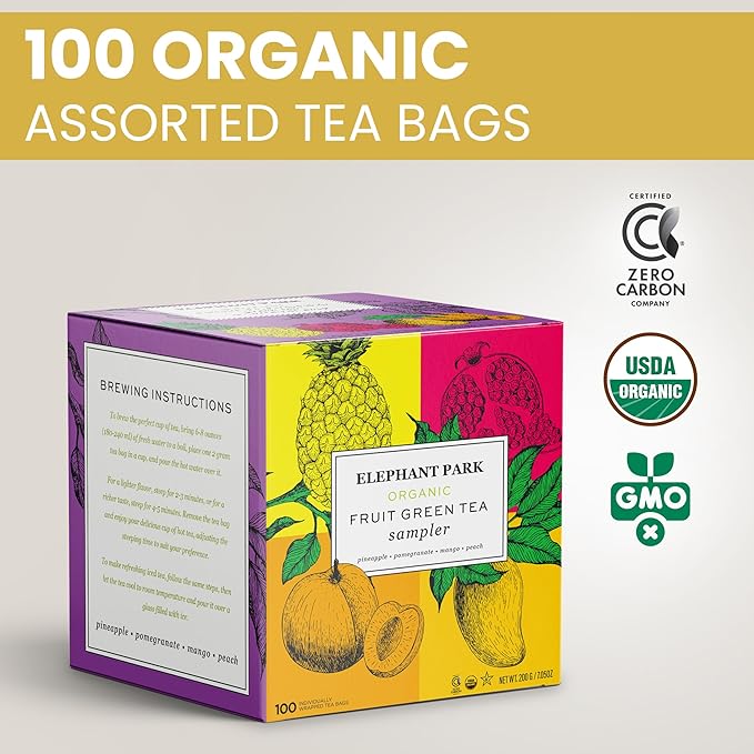 Premium Organic Fruit Green Tea Sampler, 100 Count Assorted Tea Bags, Caffeinated & Herbal Variety Pack Pineapple, Pomegranate, Mango, Peach Flavors