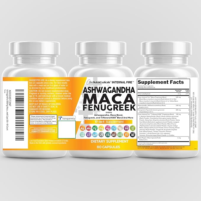 Clean Nutraceuticals Ashwagandha Maca Root Fenugreek Supplement with Tongkat Ali Ginseng - Assists with Stress, Mood & Thyroid - Ashwagandha Capsules Fenugreek Caps - 1 Pack