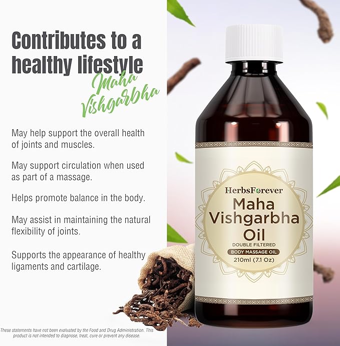 HerbsForever Maha Vishgarbha Oil Authentic Ayurvedic Massage Oil Supports Blood Circulation Improves Joint and Ligament Health Cold Pressed Premium Oil Non GMO, 7.1 fl oz