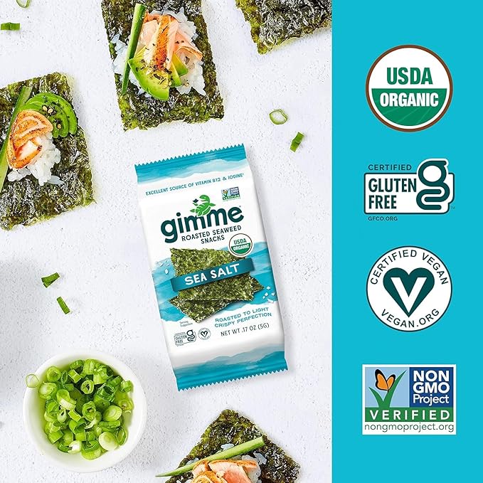 Gimme Seaweed Organic Premium Roasted Seaweed Snacks, Sea Salt, 20 Count, Keto, Vegan, Gluten-Free, Great Source of Omega3s and Iodine, Healthy On-The-Go Snack for Kids and Adults