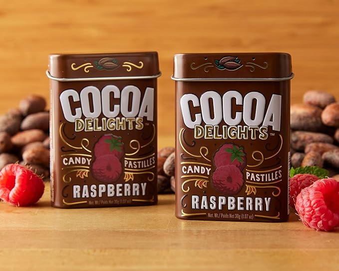 Cocoa Delights Chocolate Raspberry Candy | Made with Real Cocoa and All Natural Flavor, No Artificial Colors | Kosher Certified, Vegan, Gluten Free | Aspartame & Xylitol Free | 30 Count Tin (Pack of 12)