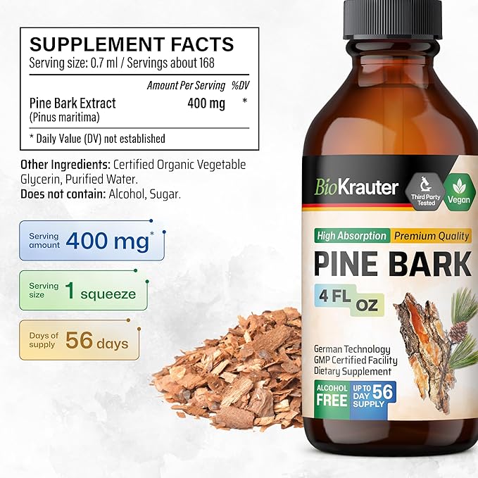 BIO KRAUTER Pine Bark Extract - Rich in Antioxidants Liquid Supplement - 400 mg French Maritime Pine Bark Extract Drops - Vegan, Alcohol & Sugar Free - 4 Fl Oz