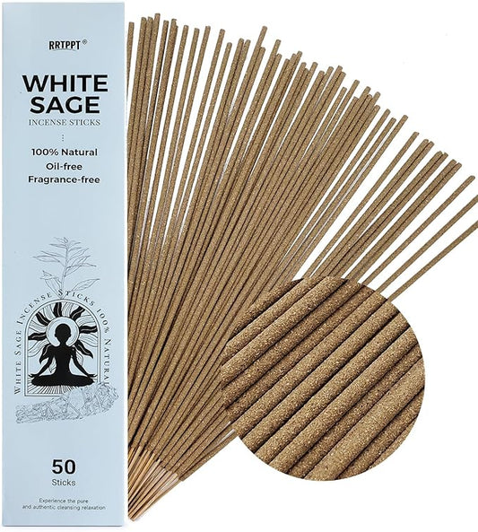 White Sage Incense Sticks (50 Sticks), 100% Natural sustainably harvested White Sage, Suitable for Yoga, Meditation, Relaxation, and Spiritual Purification