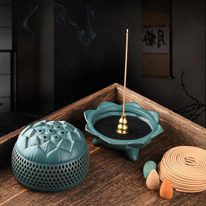 Ceramic Lotus Incense Burner with Incense Stick Holder,Handmade Smudging Burn Bowl Use for Stick/Coil Incense,Sage and Mosquito Incensel (Lotus 01)