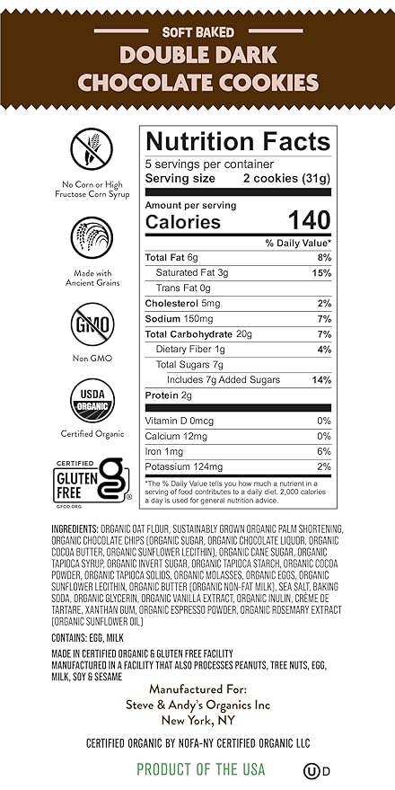 Steve & Andy’s Deliciously Induldent Soft Bake Double Dark Chocolate Chip Cookies – Organic, Gluten Free, Non-Gmo, Nut Free, Wheat Free, Soy Free – 16.5 Oz, 3 Boxes (30 Cookies)