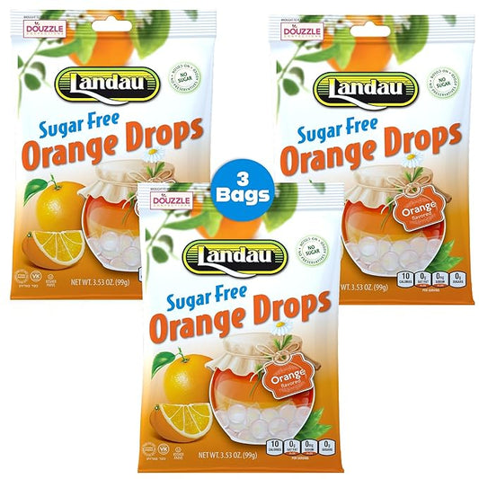 DOUzzle Sugar Free Orange Hard Candy Drops, Dye Free (3 Pack) Individually Wrapped - Healthy Low Calorie Snack, Gluten Free, All Natural, No Preservatives, No Aftertaste - Kosher Parve