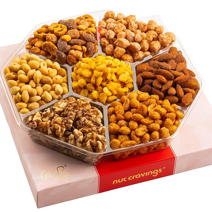 NUT CRAVINGS - Diwali Sweets Hamper Mixed Nuts Gift Basket in Red Gold Classic Box (7 Assortments, 1 LB) Food Arrangement, Healthy Snack Care Package, Food Assortments