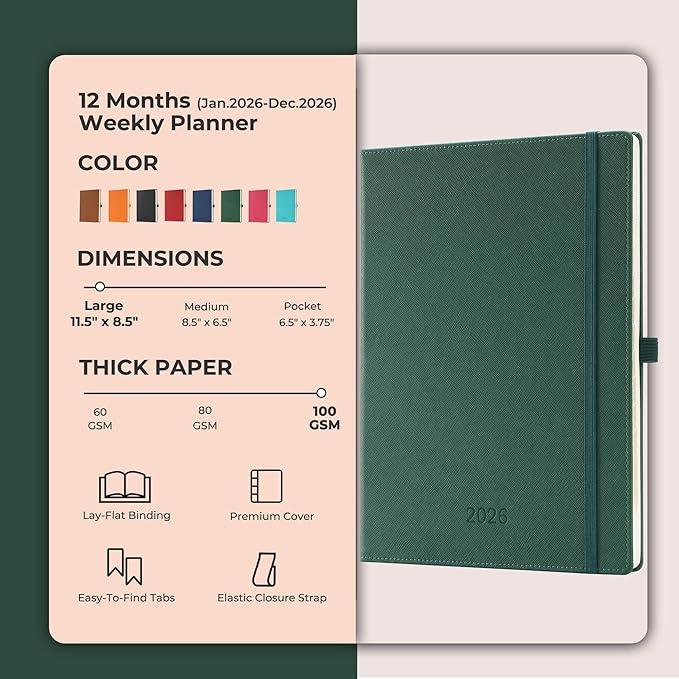 IN-LUXPRO Weekly Monthly 2026 Planner (Jan.26-Dec.26),11.5"x8.5",12 Months Agenda Plan with Month Tabs & Pocket,Expenses/Note Pages, Appointment Book Calendar with Hardcover Vegan Leather Cover,Green