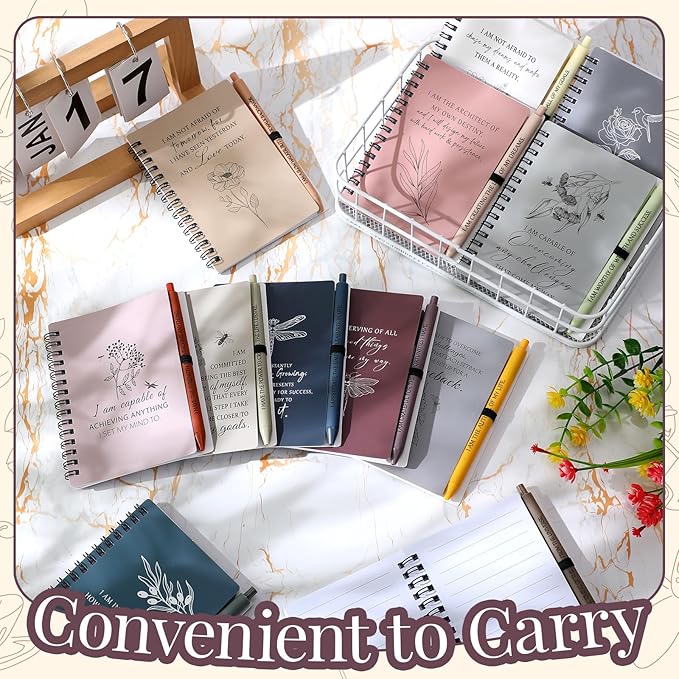 Kosiz 24 Pcs/12 Set Positive Affirmation Gifts Gratitude Spiral Notebooks with Pens Motivational Encouragement Notepads Daily Affirmations Journal for Women (Simple)
