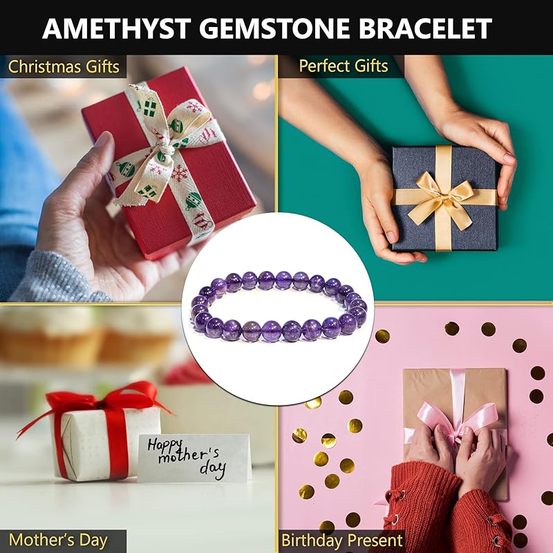 Amethyst Crystal Bracelet – Natural Healing Crystal Bracelet for Women and Men – Stretchable 8mm Round Bead Bracelet for Women – Handmade Adjustable Size Crystal Bracelet for Women
