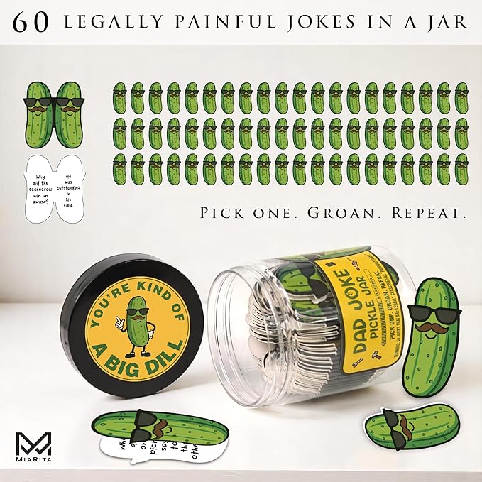 Dad Joke Jar, 60 Funny Dad Jokes in a Pickle Jar Gift for Dad, Gag Gifts for Men, Hilarious from Kids, Teens or Wife, Birthday for Him