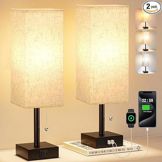 Fenmzee Bedside Lamps for Bedroom Set of 2 - Small Rectangular Nightstand Lamp with USB A C Charging Port, 3 Color Temperatures Desk Light with Bulb, Tabletop Reading Lamp for Living Room/Dorm/Office