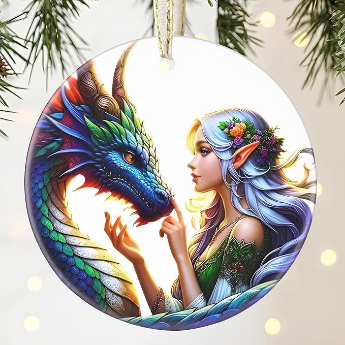 Elf & Dragon 3.5 Inch Ceramic Christmas Hanging Ornament - Tree Decoration & Gift for Christmas & Holiday Present Exchange