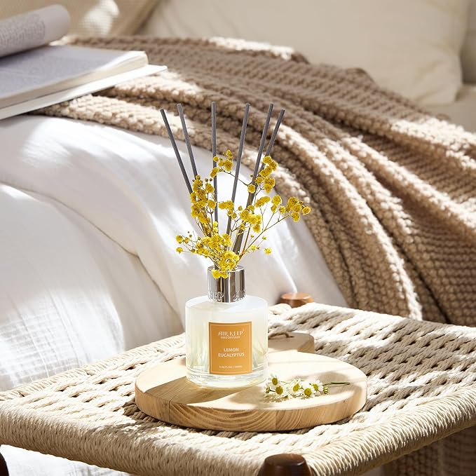 Airkeep Reed Diffuser Set,3.38 fl oz (100 ml) - Lemon Eucalyptus Oil Diffusers with 8 Reed Sticks, Home Fragrance Reed Diffuser for Bathroom Shelf Decor