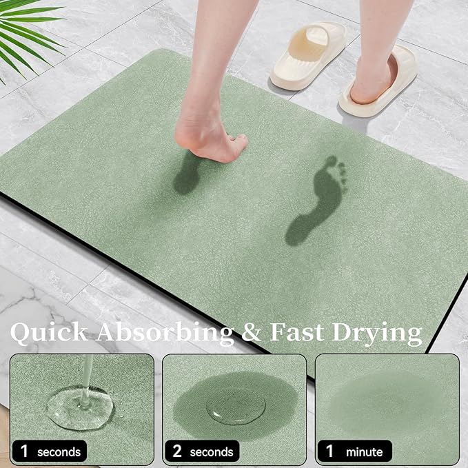 Bath Mat Rugs 32x17 - Diatomaceous Earth Bath Mats Quick Dry Absorbing Bathroom Rugs Rubber Non Slip Thin Bathroom Mat Fit Under Door, Bath Mat for Bathroom Floor, Tub and Shower, Sink, Sage Green