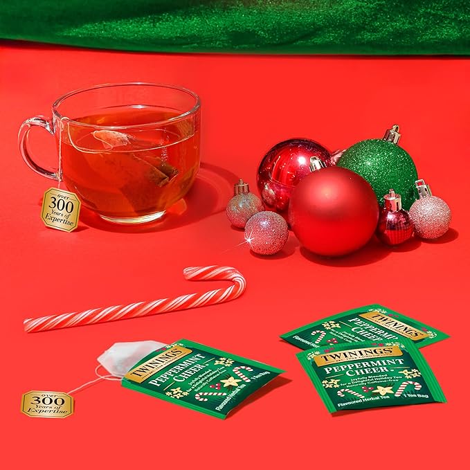 Twinings Peppermint Cheer Herbal Tea Individually Wrapped Bags, 20 Count (Pack of 6), Naturally Caffeine-Free, Peppermint & Vanilla, Enjoy Hot or Iced
