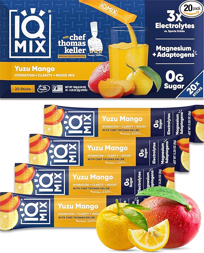 IQMIX x Chef Thomas Keller - Hydration Electrolyte Powder – 4-in-1 Formula for Hydration, Mental Clarity, Mood and Recovery – Sugar-Free, Keto, Magnesium L-Threonate, Lion’s Mane – 20 Count Yuzu Mango