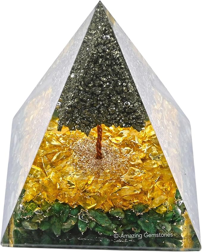 Amazing Gemstone Orgone Pyramid for Money with Pyrite Crystal Tree, Citrine and Green Aventurine Crystals and Healing Stones - Authentic Orgonite & Organite Gifts to Atrract Money Abundance Wealth