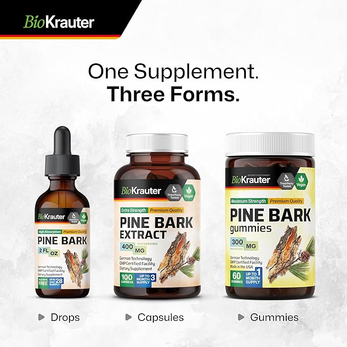 BIO KRAUTER Pine Bark Extract - Rich in Antioxidants Liquid Supplement - 400 mg French Maritime Pine Bark Extract Drops - Vegan, Alcohol & Sugar Free - 2 Fl Oz