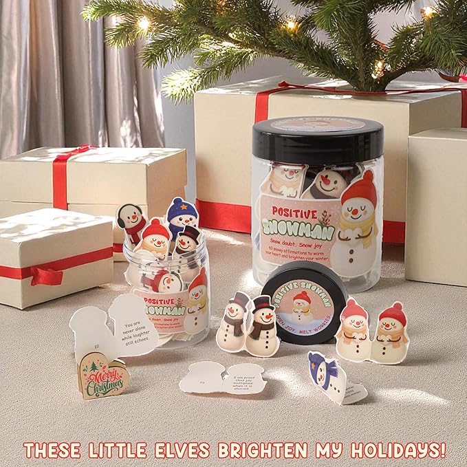 Positive Snowman Jar, 60 Snowy Affirmation Cards, for Women, Men, Teens & Coworkers, Holiday Friendship Gift Idea & Stocking Stuffers, White Elephant