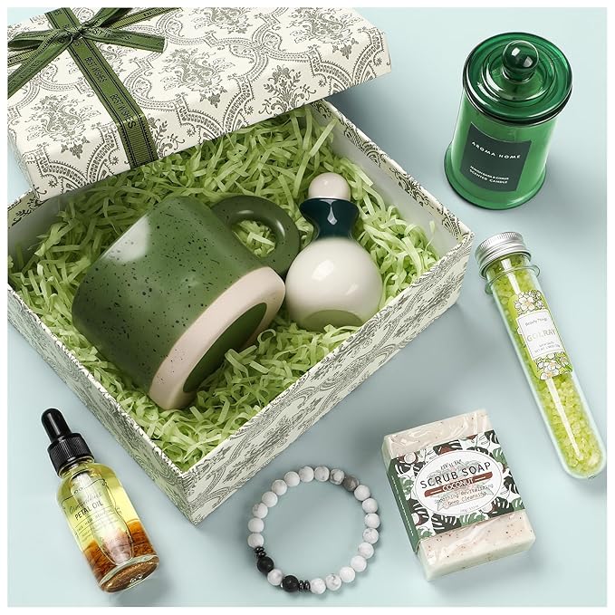 Golray Spa Gifts for Women Self Care Get Well Soon Basket Set with Mug, Thinking of You Relaxing Spa Christmas Birthday Gift for Mom Her Wife Sister Friend Grandma (Green)