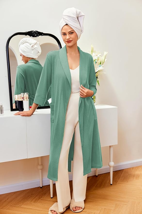 Ekouaer Robes for Women Long Waffle Knit Bathrobe Lightweight Kimono Robe Soft Shawl Collar Spa Robes with Pockets S-XXL