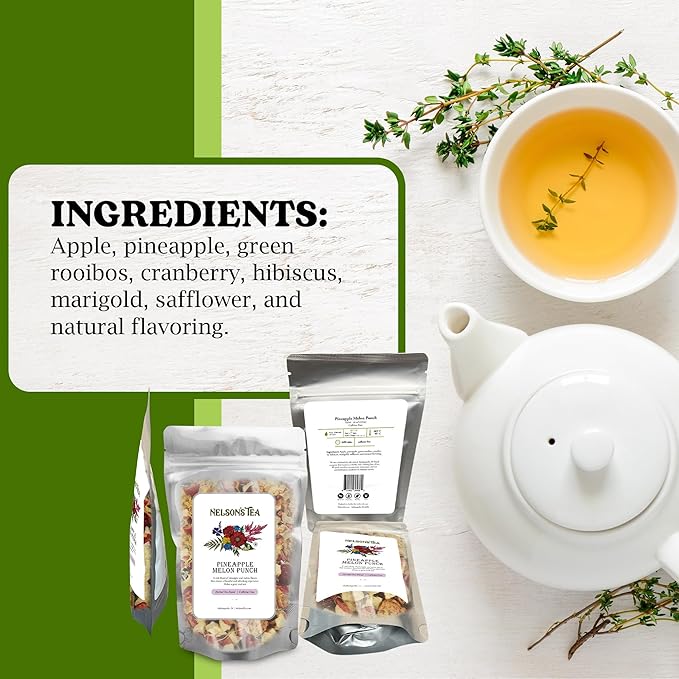 Nelson's Tea Pineapple Melon Punch - Caffeine Free, Cut & Sifted Rooibos Green Tea with Apple, Cranberry, Hibiscus, Marigod and Safflower Loose Leaf Tea (16 oz)
