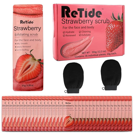 Strawberry Body Scrub Gift Set - 35 Packets & 2 Pcs Exfoliating Gloves,Exfoliating & Moisturizing Sugar Scrub for Face & Body, Self Care Gifts for Women