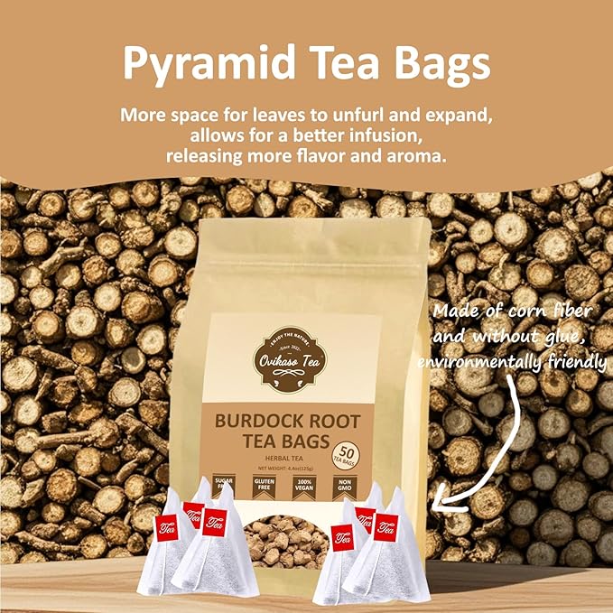 Ovikaso Tea, Burdock Root Tea Bags, 50 Pyramid Tea Bags, 2.5g/bag, Direct from Source, Aid in Digestion & Improving Liver Health, Herbal Tea