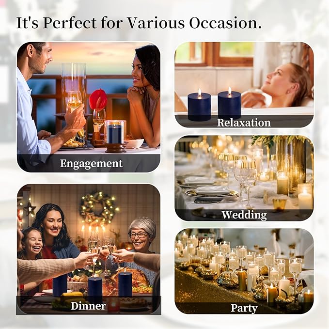 KONNI Navy Blue Pillar Candles Set of 3, 3"x 3" Unscented Pillar Candles Bulk, 30 Hours Long Burning Candles, Smokeless&Dripless Large Round Candle for Wedding, Home Decoration, Parties, Spas, Dinner