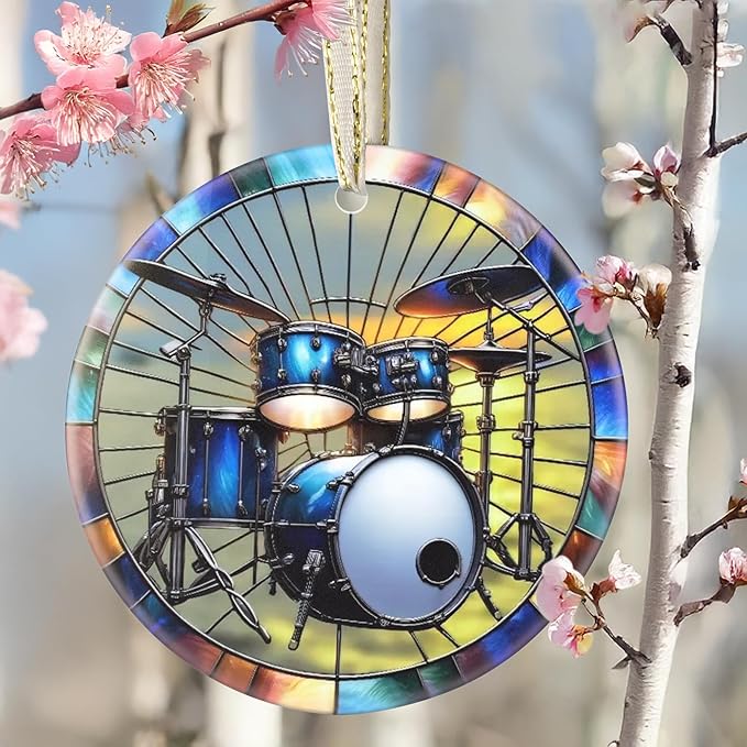 Christmas Ornament - Drum Set Decor Round Ceramic Hanging Ornament - Christmas Tree Decor - Gifts for Drum Players - Themed Ornaments
