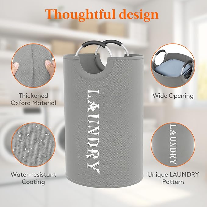 Lifewit 120L 2-Pack Large Laundry Basket, Collapsible Laundry Hamper with Aluminum Handles, Waterproof Freestanding Dirty Clothes Hampers for Laundry Room Bedroom Dorm Bathroom, Silver Grey