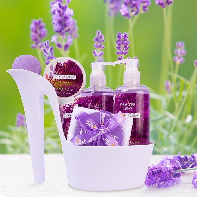 Luxury Spa Gifts for Women – 8 Pc Lavender Scented Bath and Body Set with Bubble Bath, Lotion & More – Luxury Self Care Kit for Wife, Mom, Best Friend, Girlfriend, Anniversary Gift by Draizee