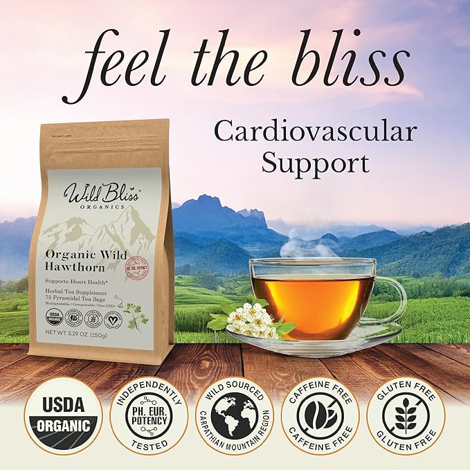 Organic Wild Hawthorn Leaf and Flower Herbal Tea - Caffeine Free - Pharmacopoeia Potency - 75 Plant Based Tea Bags