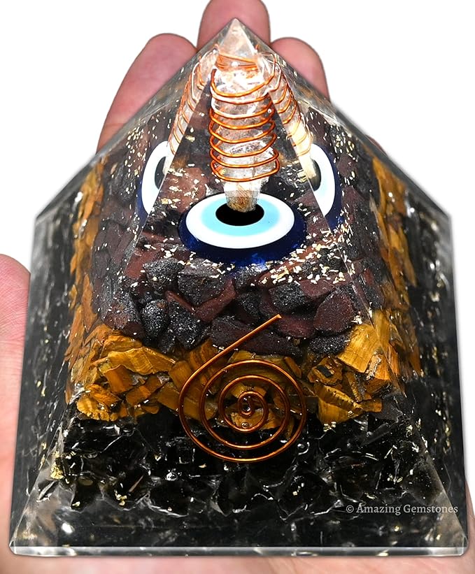 Amazing Gemstone Organite Orgone Pyramid Extra Large 95MM - Orgone Energy Pyramid with Evil Eye, Hematite, Tiger Eye,Black Obsidian Crystals&Healing Stone - Orgonite Pyramids Crystals&Positive Energy