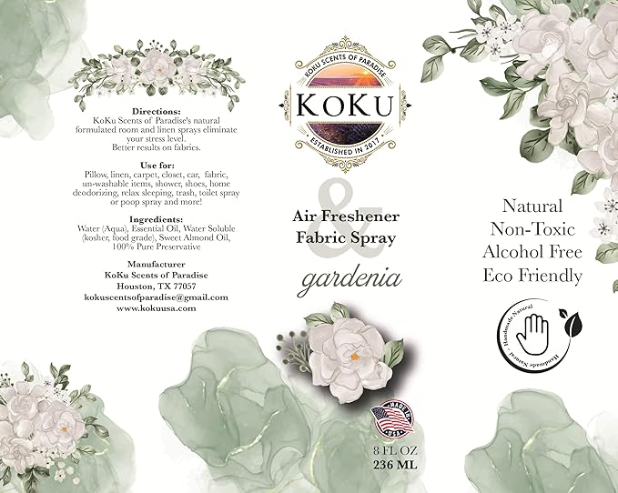Gardenia Air Freshener - Room Spray - Odor Eliminator - Deodorizer - Car Air Freshener - Home Spray - Linen Spray - Fabric Refresher - Non-Toxic - Alcohol Free – 8 Oz