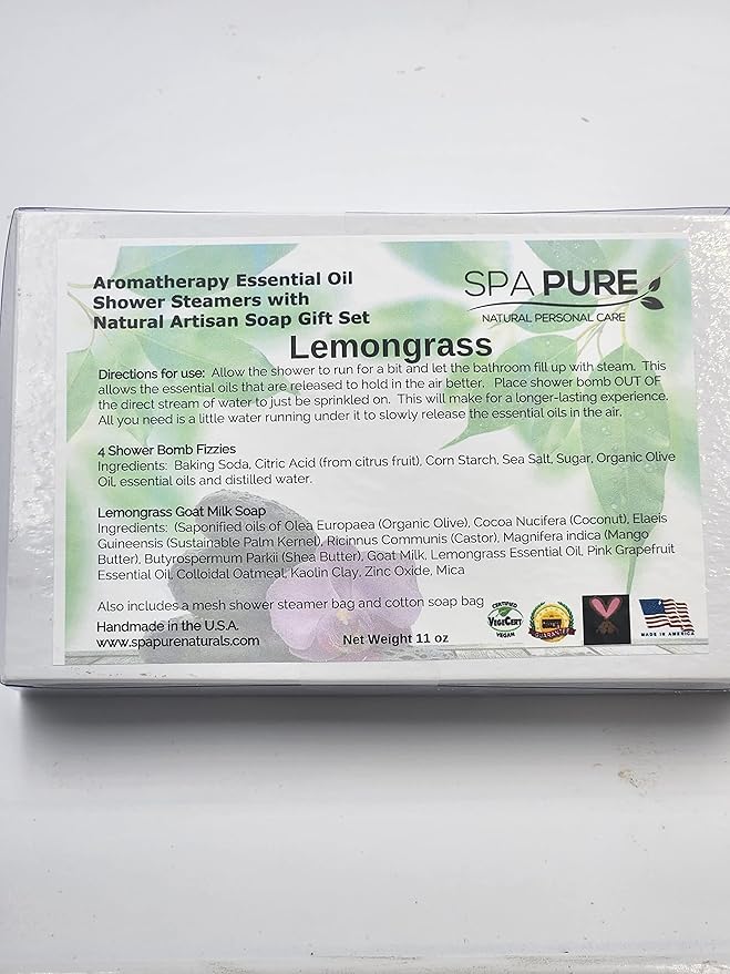 Spa Pure Aromatherapy Gift Set: Lemongrass Artisan soap, 4 Shower Steamers, made with plant based ingredients, essential oils, all natural (Lemongrass)