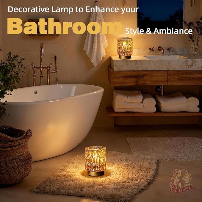 Battery Operated Table Lamps Timer, Mini Crystal Lamp for Area No Plug, Cordless Lamp with LED Bulb for Power Outage, Decorative Lamps for Tabletop/Corner/Entryway/Stairway/Bathroom/Fireplace(2*AMBER)