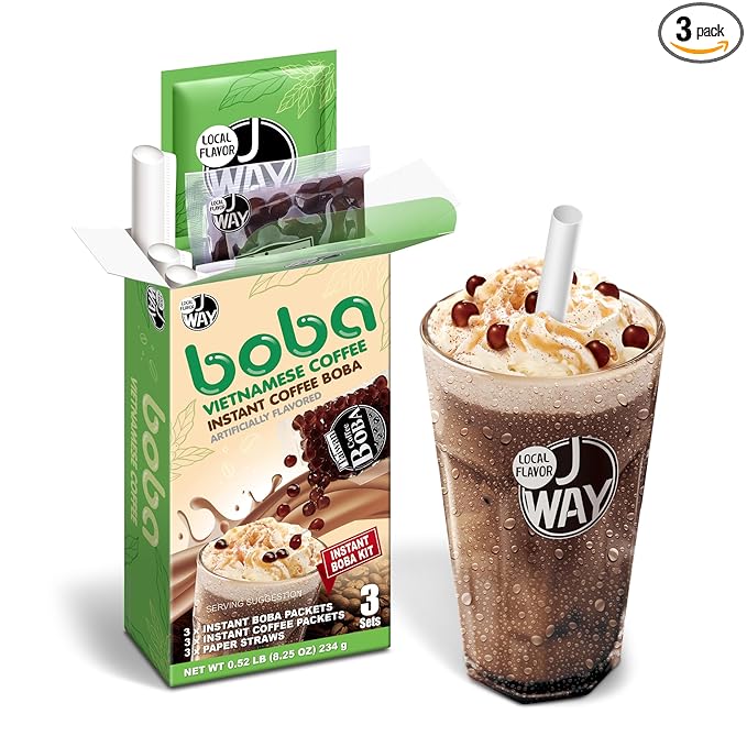 J WAY Instant Vietnamese Coffee Kit with Authentic Brown Sugar Tapioca Boba, Ready in Under One Minute, Paper Straws Included - 3 Servings