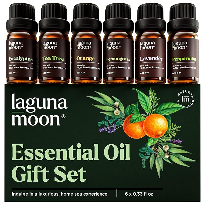 Lagunamoon Essential Oils Set - Top 6 Blends for Diffusers, Home Care, Candle Making Scents, Fragrance, Aromatherapy, Humidifiers, Gifts - Peppermint, Tea Tree, Lavender, Eucalyptus, Orange (10mL)
