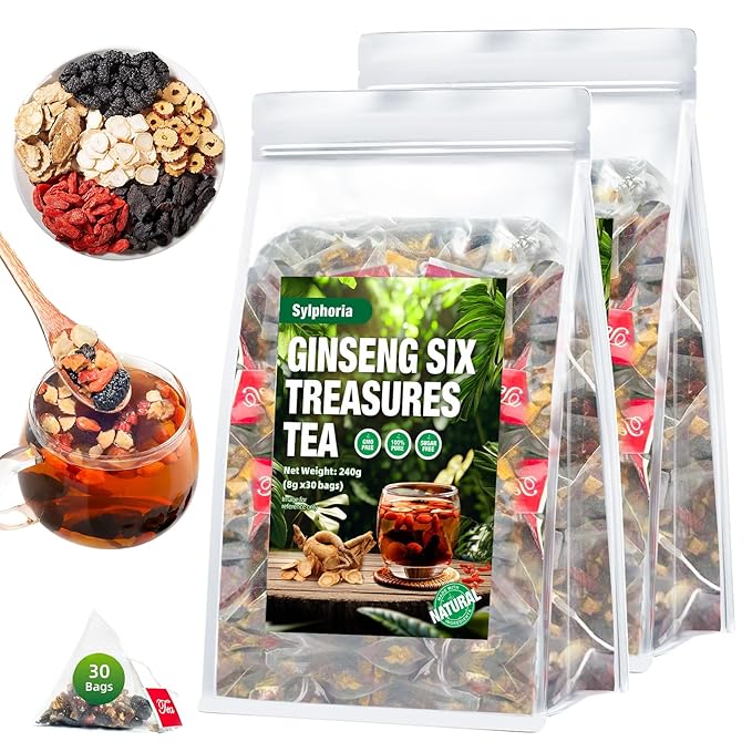 Kidney Tea Formula Ginseng Six Treasure Tea, Traditional Chinese Herbal, Natural Kidney Cleanse tea for Women & Men, 7 Precious Ingredients Formula (2Pack/60Bags)