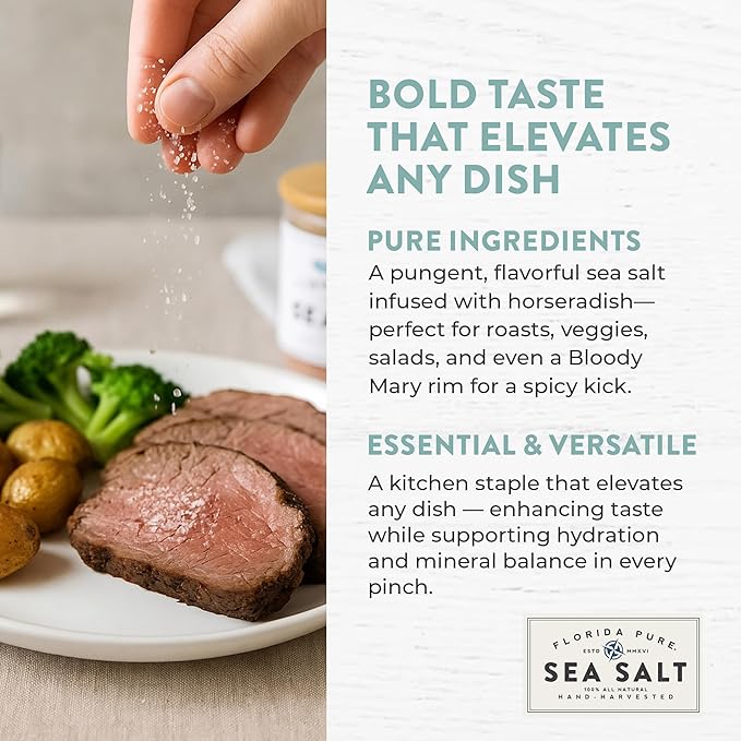 FLORIDA PURE Horseradish Sea Salt - 80+ Mineral Sea Salt, Natural, Unrefined, Non Iodized - for Baking, Cooking, Seasoning & Enhancing Taste - Rich Taste Flaky Sea Salt (4.5 oz Jar)