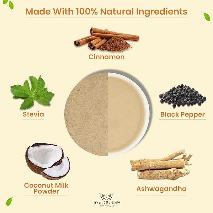 TeaNOURISH Ashwagandha Coconut Latte | CAFFEINE-FREE Herbal Tea | Indian Superfoods Ashwagandha & Coconut | Relieves Stress and Supports Immunity | 100% NATURAL - 3.53oz/100g