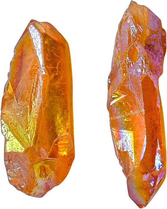 Amazing Gemstone 2 Pieces Tangerine Aura Quartz Raw Pencil Points Crystals and Healing Stones, Natural Rocks for Meditation and DIY Raw Point Stones and Crystals