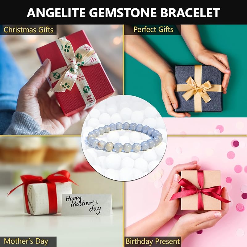 Genuine Angelite Bracelet – Healing Crystal Bracelet for Women and Men – 8mm Round Beaded Bracelet for Spiritual Healing, Positive Energy – Elastic Adjustable Size Gemstone Bead Bracelet